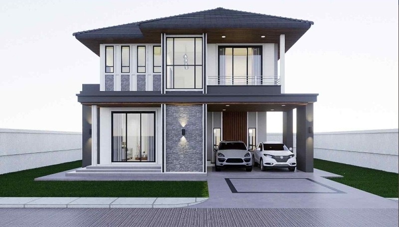บ้านโมเดิร์นสองชั้น ผนังหินและไม้