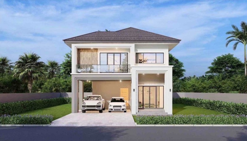 บ้านสองชั้นโมเดิร์นโทนขาว มีระเบียงกระจก