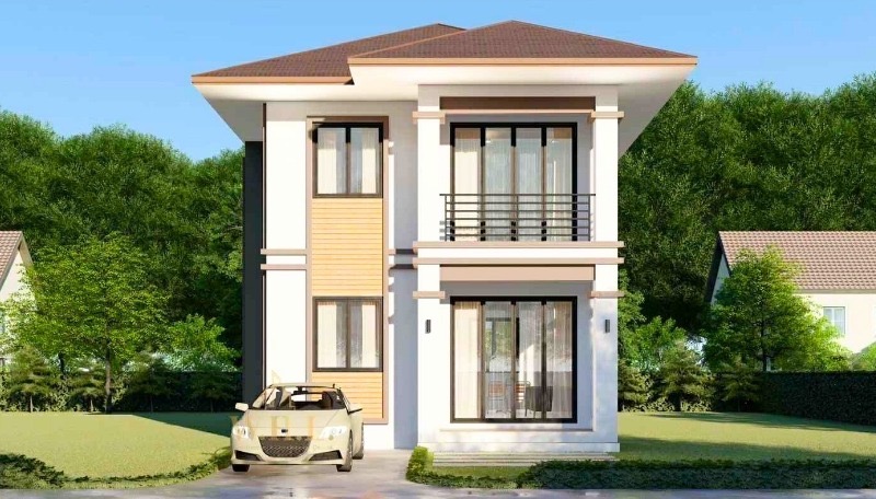 บ้านสองชั้นหลังคาปั้นหยา โทนครีมน้ำตาล